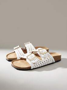 Solecia 欧美风编织双扣凉鞋，女士软木底休闲拖鞋，户外沙滩度假鞋 - 白色 - 查看 2