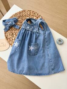 LMoss Kids 女婴花卉刺绣蓝色牛仔无袖宽松连衣裙，配发带 - 淺色水洗藍 - 查看 11