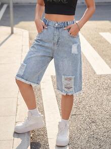 Quần short denim rách cho bé gái, hàng mới về, màu xanh nhạt phong cách đường phố Y2K cổ điển, đính đá lấp lánh, thích hợp cho những buổi đi chơi thường ngày, dạo phố và du lịch. - Rửa nhẹ - Xem 6