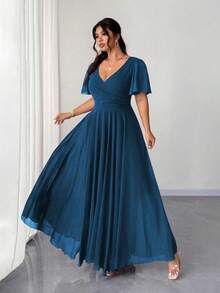 Elenzga Plus Size Women Chiffon Ruffle Sleeve V-Neck A-Line Dress, Simple Elegant Romantic Graceful Flowing Royal Blue Gown - Teal Blue - View 6
