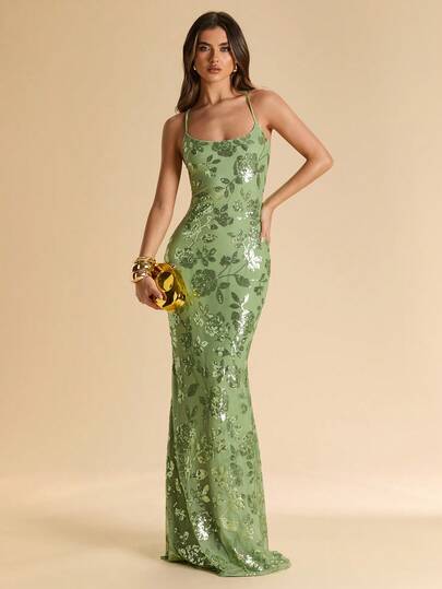 SHEIN BAE Đầm xuyên thấu hở lưng, dây buộc, thêu hoa 3D, màu xanh lá cây, thích hợp cho mùa xuân/hè, đi nghỉ mát, hẹn hò, tiệc cưới, sinh nhật, câu lạc bộ, các dịp trang trọng.