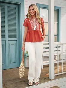 Louniche Women's Casual Vacation Retro Print V-Neck Tassel Tie Blouse, Spring/Summer - Red - View 6