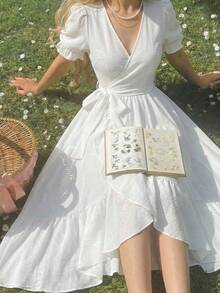 SHEIN MOD 女士白色交叉V领扭腰优雅泡泡袖连衣裙 - 白色 - 查看 4