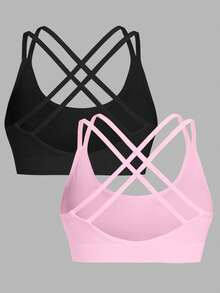 SHEIN Velisys 2pcs/Set Seamless High Stretch Sports Bra, Plus Size Yoga Bra, Fashionable Racerback In Black & Pink - Multicolor - View 3