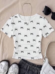 SHEIN Tween Girl White Knit Casual Minimalist Polka Dot Print Ruched Waist Cropped Top, Suitable For Spring/Summer, Casual, Personality Styling, Daily Wear  New Ss26 Fashion - Multicolor - View 1