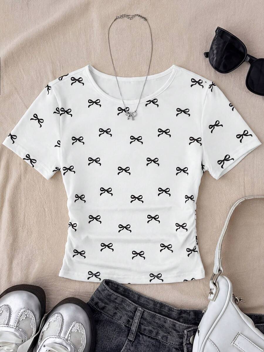 SHEIN Tween Girl White Knit Casual Minimalist Polka Dot Print Ruched Waist Cropped Top, Suitable For Spring/Summer, Casual, Personality Styling, Daily Wear  New Ss26 Fashion - Multicolor - View 1