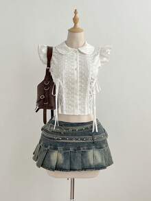 Elamini 女士彼得潘领刺绣荷叶边短袖白色衬衫，法式风格，春季女士上衣和衬衫，蕾丝冬季女士短袖上衣，白色蕾丝衬衫，彼得潘领收腰衬衫，刺绣蕾丝上衣，女士蕾丝衬衫 - 白色 - 查看 6