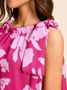 Coeurva Spring/Summer Vacation Chiffon Printed Off-Shoulder Mini Dress For Women - Pink - View 2