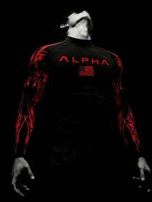 RISE LYT 男士印花立领修身长袖运动T恤 - 黑色 - 查看 1