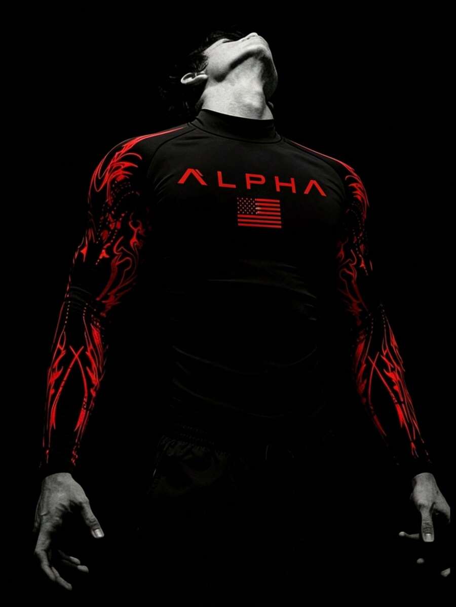 RISE LYT 男士印花立领修身长袖运动T恤 - 黑色 - 查看 1