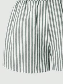 SHEIN 少女休闲日常蓝色条纹蝴蝶结露背背心和短裤两件套 - 橄欖綠 - 查看 11