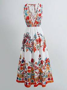 GlowEve Women's Summer Vacation Multi-Color V-Neck Placement Print Sleeveless A-Line Dress - Multicolor - View 2