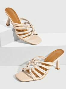 CUCCOO SZL Women's Woven Decor Multi-Strap Square Toe Chunky Heel French Elegant Leather Mule Slides, Suitable For Daily, Commute And Date Prom Heels Summer Shoes - White - View 1