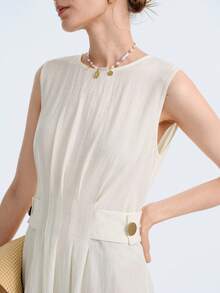 Aalyst Women's Spring/Summer New Arrival Elegant Commuting Dress, Minimalist Versatile, Suitable For Afternoon Tea, Party, Wedding, Waist Cinched Design With Metal Accent, Light Apricot Sleeveless Dress - Apricot - View 6