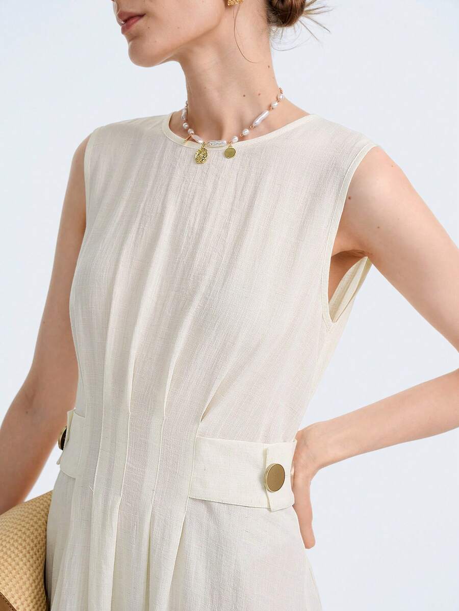 Aalyst Women's Spring/Summer New Arrival Elegant Commuting Dress, Minimalist Versatile, Suitable For Afternoon Tea, Party, Wedding, Waist Cinched Design With Metal Accent, Light Apricot Sleeveless Dress