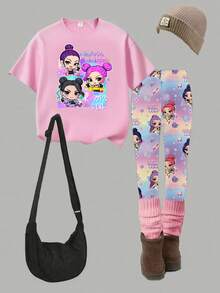 SHEIN 2pcs/Set Young Girl Casual Fashionable Creative Personalized Refreshing Minimalist Cute Virtual Girl Group Cartoon Character Colorful Star Moon Diamond Heart Gradient Print Short T-Shirt And Leggings Outfit, Comfortable Daily Wear, Suitable For Spring, Summer, Autumn - Multicolor - View 6