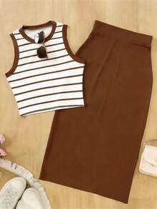 GlowEve Striped Sleeveless Casual Tank Top And Mini Skirt 2 Pieces Set, Summer - Multicolor - View 1