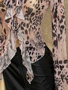 INAWLY Women's Fashion Leopard Print Ruffle Trim Long Sleeve Top - Khaki - View 4