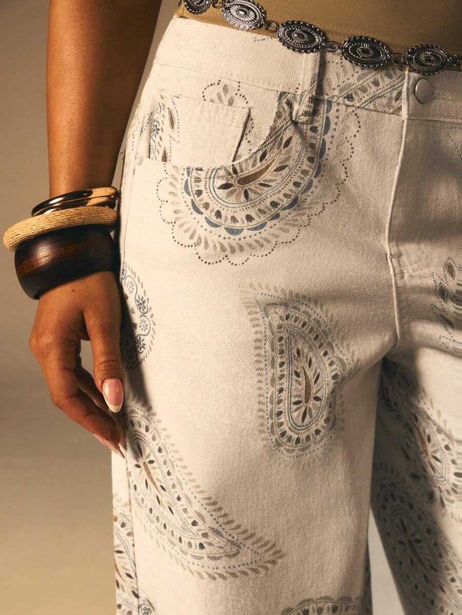 Athîral Quần jeans nữ dáng rộng in họa tiết Paisley phong cách đường phố thường ngày. - Màu be - Xem 1