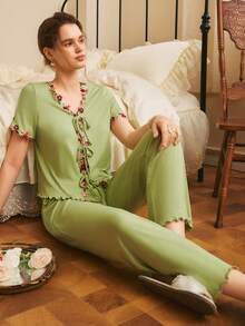 SHEIN 女士法式V领系带蕾丝边短袖开衫睡衣套装 - 橄欖綠 - 查看 3