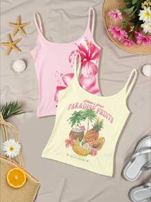 SHEIN 奶油黄上衣、粉色上衣、两件套背心、水果图案、女装、女式上衣、休闲背心、潮流单品、时尚上衣、Y2K 上衣、Y2K 服装、沙滩上衣、度假风 - 彩色 - 查看 1