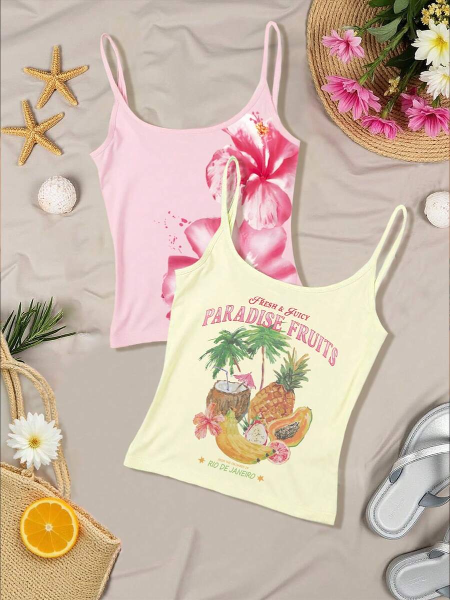 SHEIN 奶油黄上衣、粉色上衣、两件套背心、水果图案、女装、女式上衣、休闲背心、潮流单品、时尚上衣、Y2K 上衣、Y2K 服装、沙滩上衣、度假风 - 彩色 - 查看 1