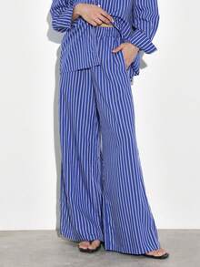 KSTM Women's Vertical Striped Long Sleeve Shirt And Wide Leg Palazzo Pants Two Piece Coordinating Set Spring Summer Outfit - Blue and White - View 5