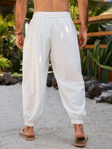 VENTUSAIL Men's Casual Versatile Daily Commute & Holiday Solid Color Drawstring Waist Slant Pocket Tapered Leg Pants - White - View 2