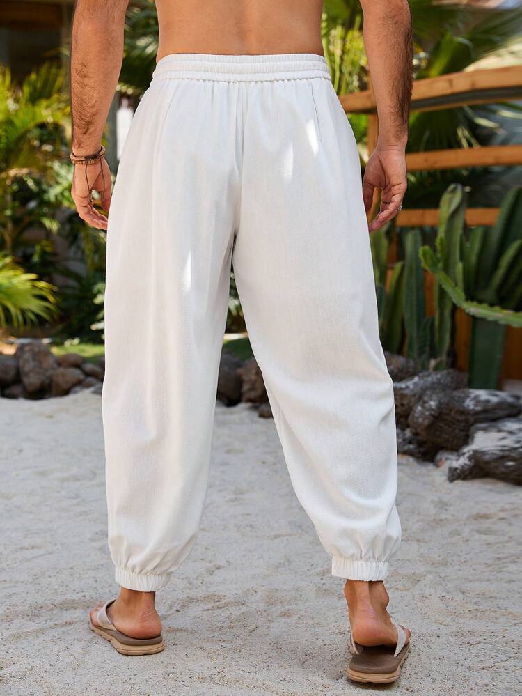 Manfinity RSRT Quần dài nam dáng suông, đa năng, màu trơn, cạp chun có dây rút, túi xéo, ống côn, thích hợp mặc đi làm hàng ngày và đi nghỉ mát. - trắng - Xem 2