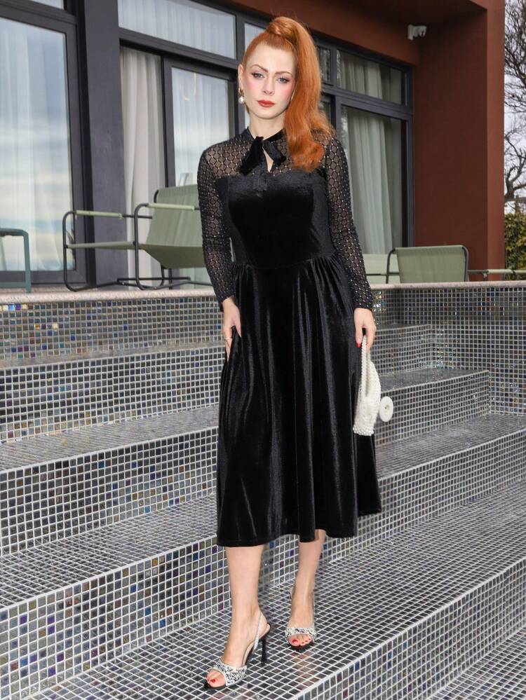 black cocktail dresses for winter Gretanique Vintage Elegant Women's Dress With Pockets Rhinestone Bow Tie Holiday Dress Elegant Women Elegant Dresses For Party Elegant Party Dresses For Women Clothes New Year Valentine the actual colors may