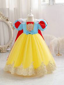 SHEIN Glamorique Kids 小女孩公主裙，泡泡袖，黄色薄纱蓬蓬裙，生日派对，婚礼，节日正式礼服，派对服装，蝴蝶结，蕾丝，丝带，优雅长裙，金色蕾丝，红色披肩，中东，欧美风 - 水鴨藍 - 查看 3
