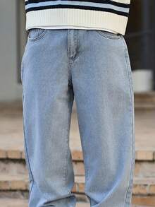 Devon Thys 寬鬆版型男士棉質牛仔褲，斜口口袋喇叭口長褲冲浪滑板褲貨運褲平口淺藍色休閒日出遊Y2K風格喜劇之友 - 淺色水洗藍 - 查看 6