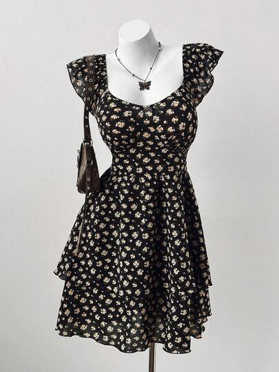 Sunspun Plus Size Women Casual/Holiday V-Neck Cap Sleeve Cinched Waist Double Layered Hem Mini Dress, Summer