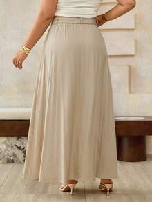 Roveilla 大码女式杏色蕾丝仿牛仔腰带，弹性腰带，可调节金属扣A字中长裙，优雅法式浪漫复古风，适合办公室通勤、商务休闲、海滩度假等场合，简约百搭，春夏新款 - 杏色 - 查看 2