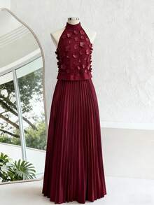 Franclia 女士酒红色无袖长款网纱罩衫连衣裙，适合婚礼、生日及各种场合 - 酒紅色 - 查看 3