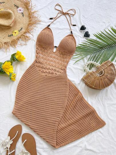 Soleia Plus Size Women's Vacation Casual Backless Halter Knit Maxi Dress, Crochet Summer Beach Dress, Suitable For Fall/Winter,Summer Outfits For Women,Spring Outfit,Beach Outfits For Women ,Graduation,Vacation Outfits Women.