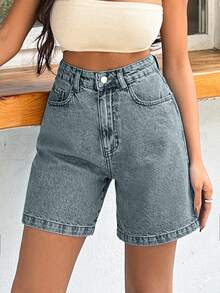 EURMUSE 100%Cotton Rigid Medium Wash Women Short - Dusty Blue - View 8