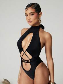 Hauture Bộ bikini liền thân không tay, gợi cảm dành cho nữ, cổ yếm, khoét hở và buộc dây phía trước. - màu đen - Xem 4