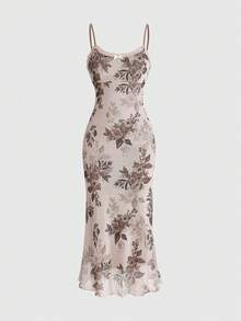 Sweetness Vacation Retro Sexy Romantic Pastal Watercolor Floral Print Maxi Slip Dress Golf Summer - Apricot - View 1