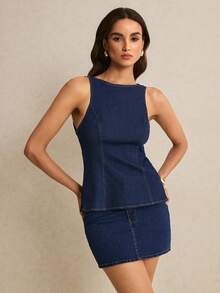 Poéselle New Women's Denim Top, Fitted Waist, Round Neck, Backless, Drawstring, Sleeveless, Casual Denim Top, Dark Blue Denim Top.Summer Tops  Festival Outfits For Women Casual Blouse For Women Vacation Outfits Women Y2K Tops Work Outfits For Women Backless Denim Dress Open Back Dresses For Women Denim Dress Jean For Women Zipper Top Summer Prep - Dark Wash - View 7