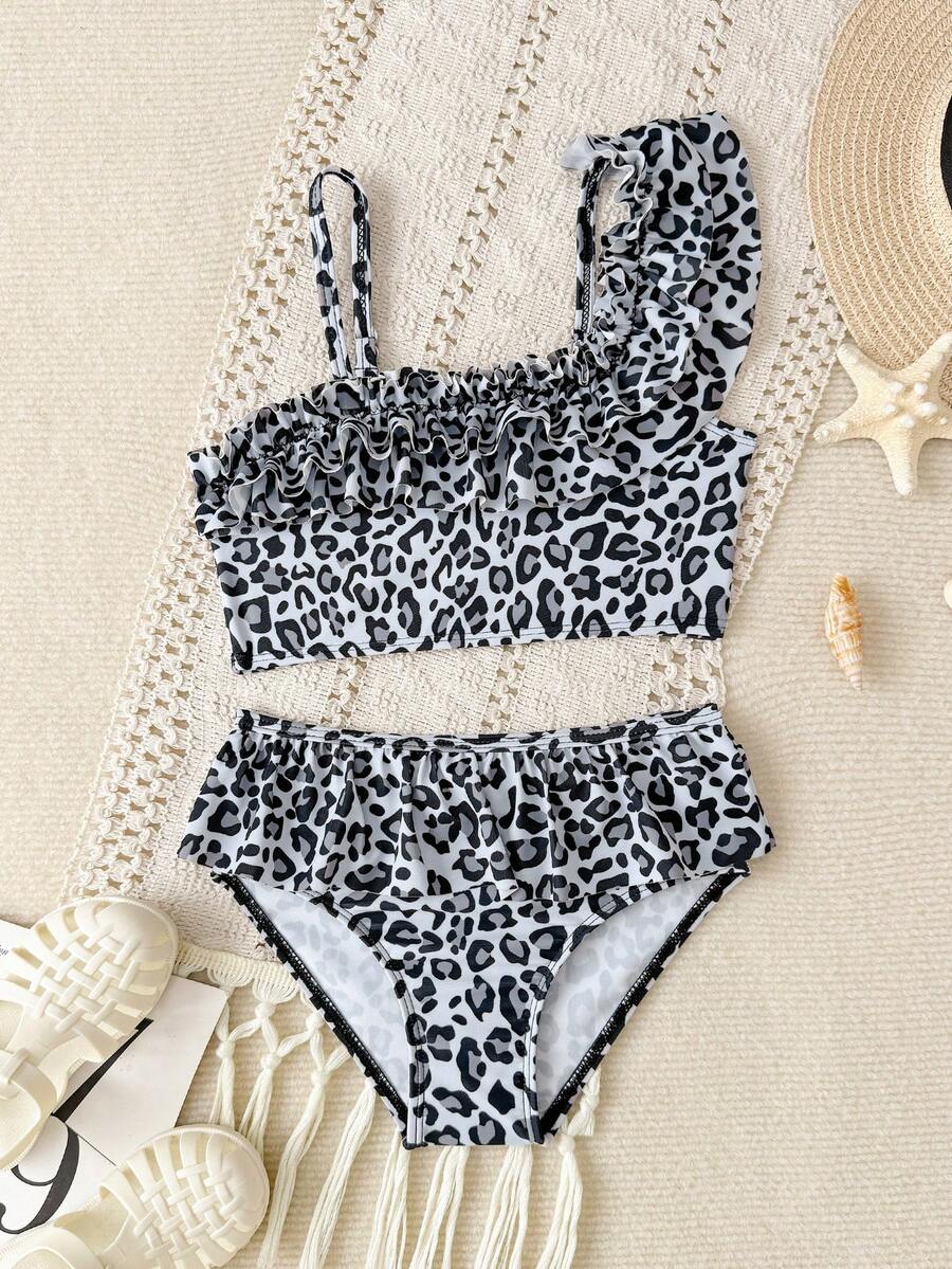 Girls' Black&White Leopard Print Ruffle Edge Bikini Set,Quick Drying High Waist Swimwear For Kids,Summer Beach Family Vacation Holiday,7-10 Years - Multicolor - View 1