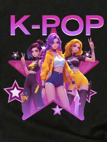 SHEIN KPOP Girl Grafiskt Tryck Rund Hals Avslappnad Mångsidig Kortärmad T-shirt - Svart - Visa 4