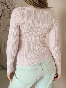 Katetique 女士秋冬纹理针织拼布修身连帽运动衫、休闲性感开衫 - 粉色 - 查看 2