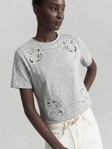 beige, de manga corta, con diseño de bordado hueco, minimalista y elegante de estilo urbano chic, adecuada para salidas, vacaciones, fiestas, citas, bodas, oficina, escuela, versátil de moda - Gris Claro - Ver 5