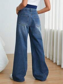 SHEIN Quần jean denim dáng rộng thoải mái cho bà bầu, thích hợp mặc hàng ngày. - Rửa trung bình - Xem 2