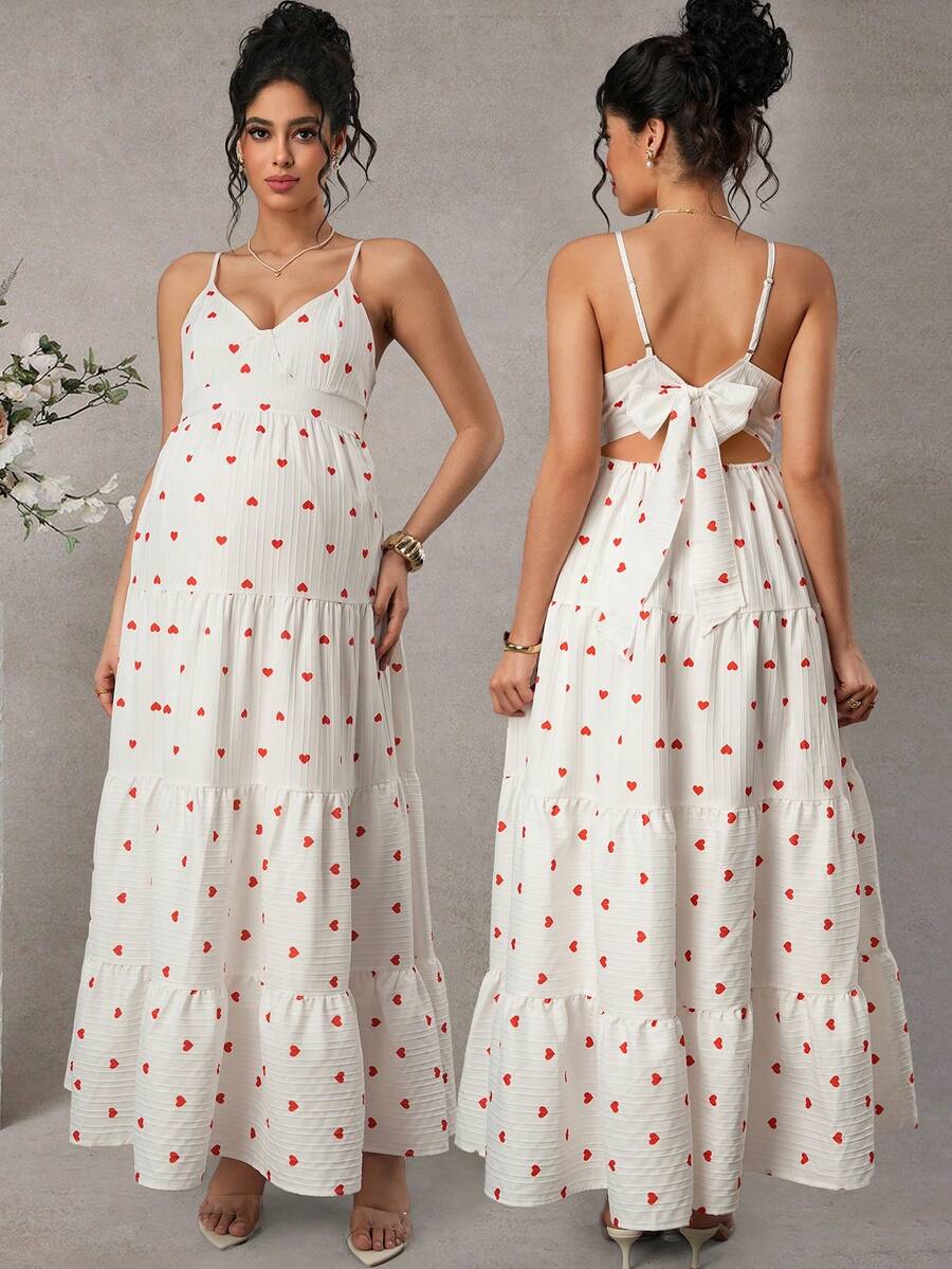 SHEIN Long Ruched Camisole Dress With Heart Print, Casual Minimalist Everyday Maternity Dress - Multicolor - View 1