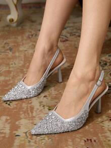 CUCCOO TILAWA Women's High Heel Wedding Shoes, Pointed Toe, Rhinestone Embellished Closed Toe High Heels, Silver Color For Christmas - Silver - View 7