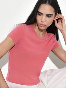 KSTM Women's Coral Pink Short Sleeve Fitted T-Shirt Casual Everyday Basic Top Crew Neck Regular Length Style - Redwood - View 6