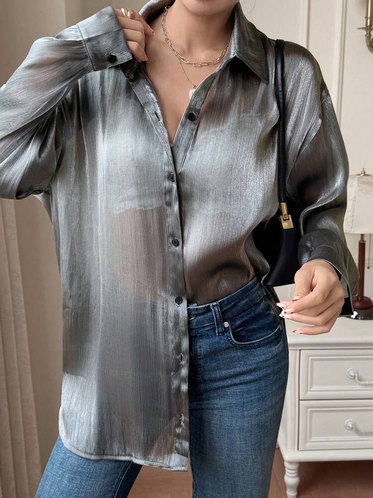 Women's Lapel Long Sleeve Shiny Fabric Loose Open Front Casual Elegant Blouse