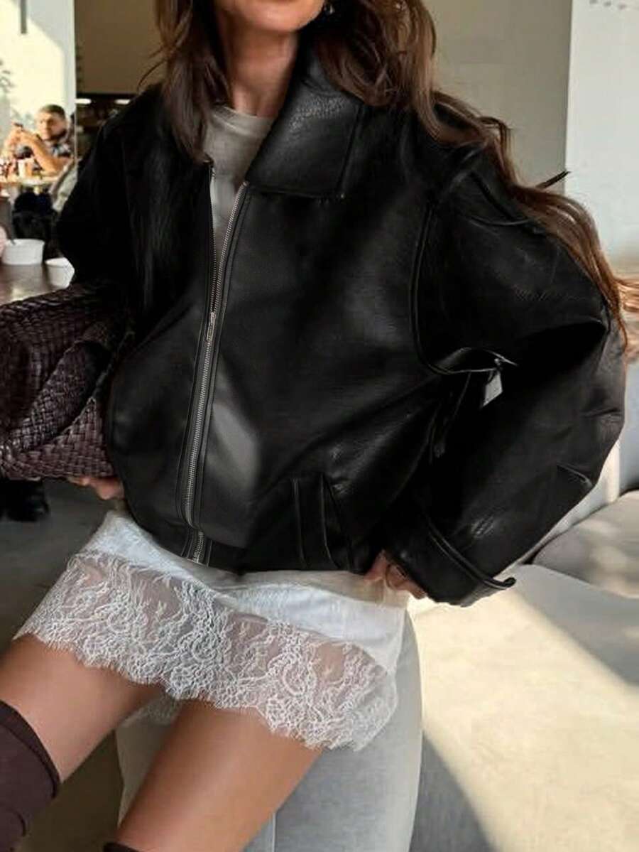 DAZY 女士宽松休闲棕色皮夹克，适合春、夏、秋、冬四季穿着，百搭版型 - 黑色 - 查看 1